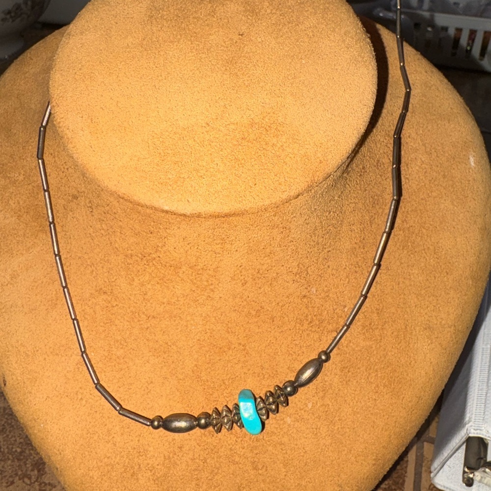 Vintage Southwestern Turquoise Center Bead Necklace Silver Tone Navajo Style 18”